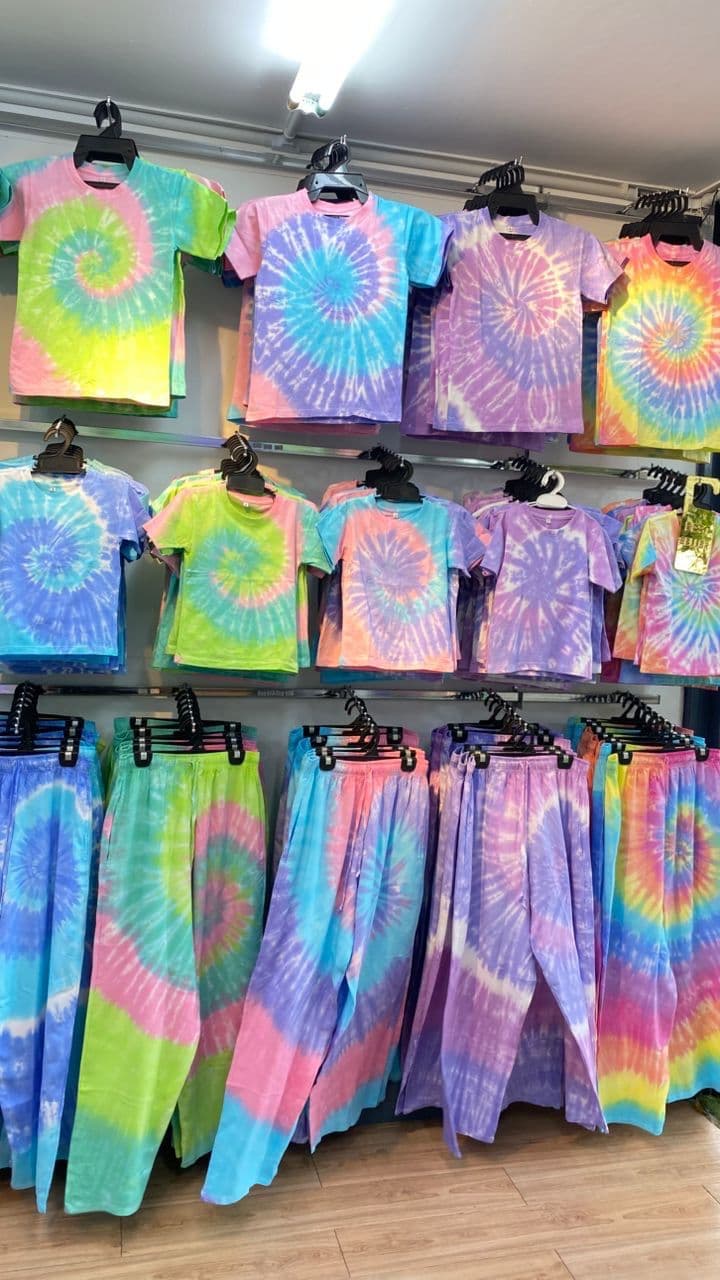 Handcrafted tie dye shirts on display